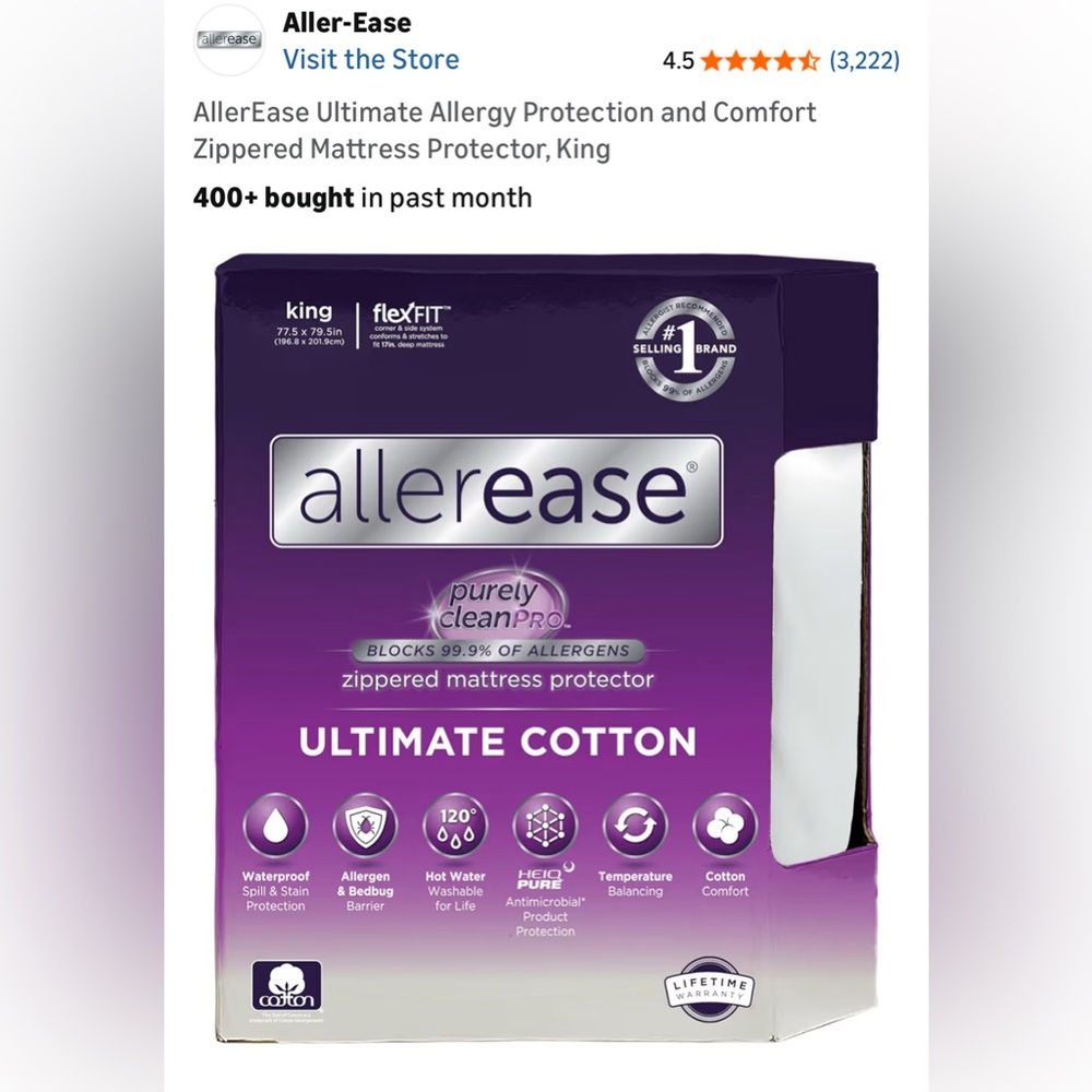 NWT "allerease" Zippered Matress Protector King Size, Blocks 99.9% of Allergens